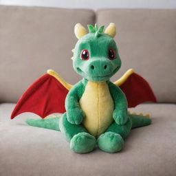 A small, friendly dragon sitting comfortably on a plush couch