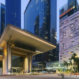 The front entrance of the Police Headquarters during the day, situated prominently in the bustling central business district, displaying rigorous security measures alongside bustling city life.