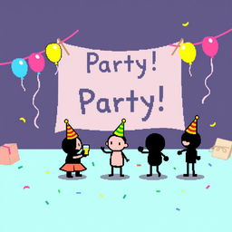 A simple pixel art scene for a video game, size 854x480, depicting a fun party in the background