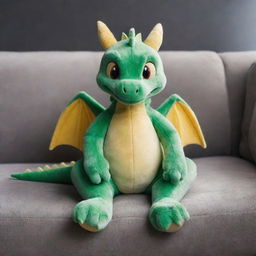 A small, friendly dragon sitting comfortably on a plush couch