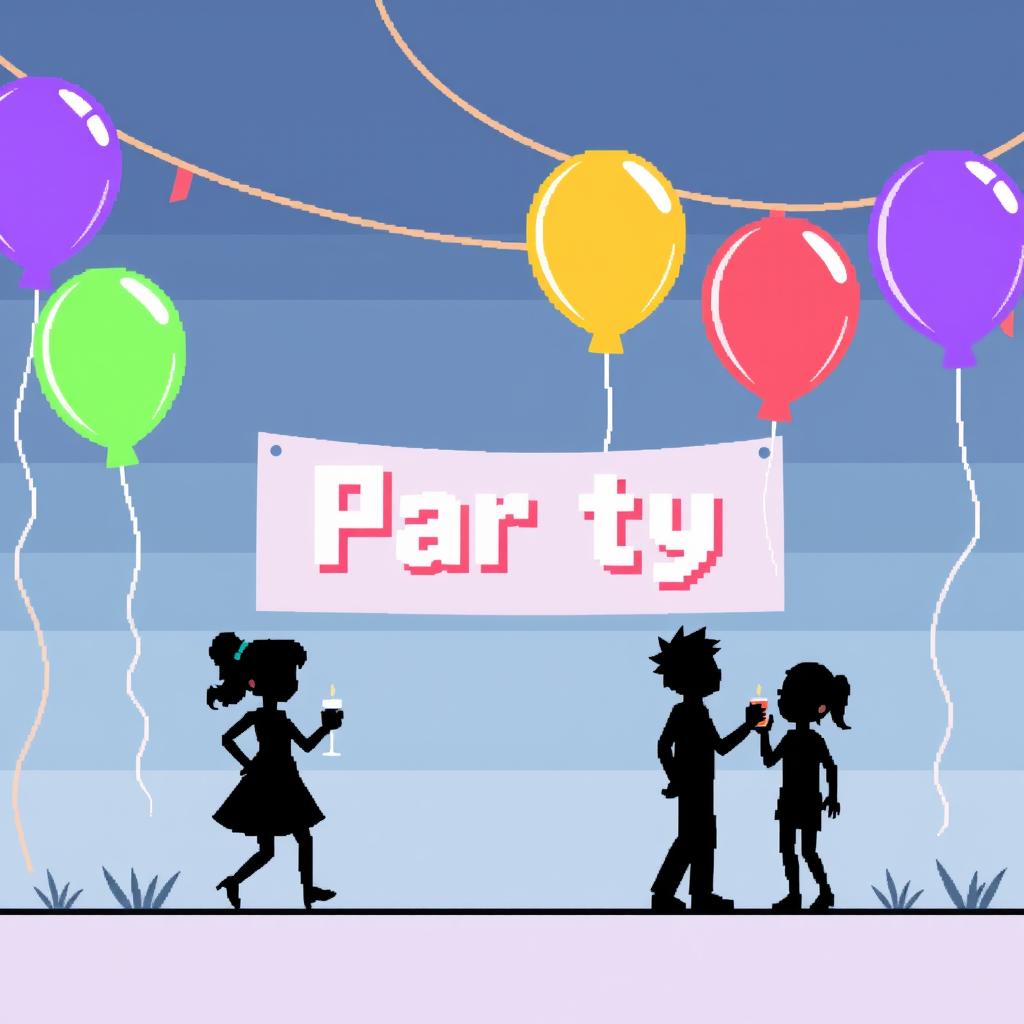 A simple pixel art scene for a video game, size 854x480, depicting a minimalistic party in the background