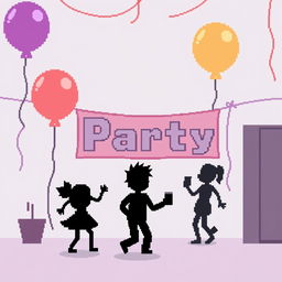 A simple pixel art scene for a video game, size 854x480, depicting a minimalistic party in the background