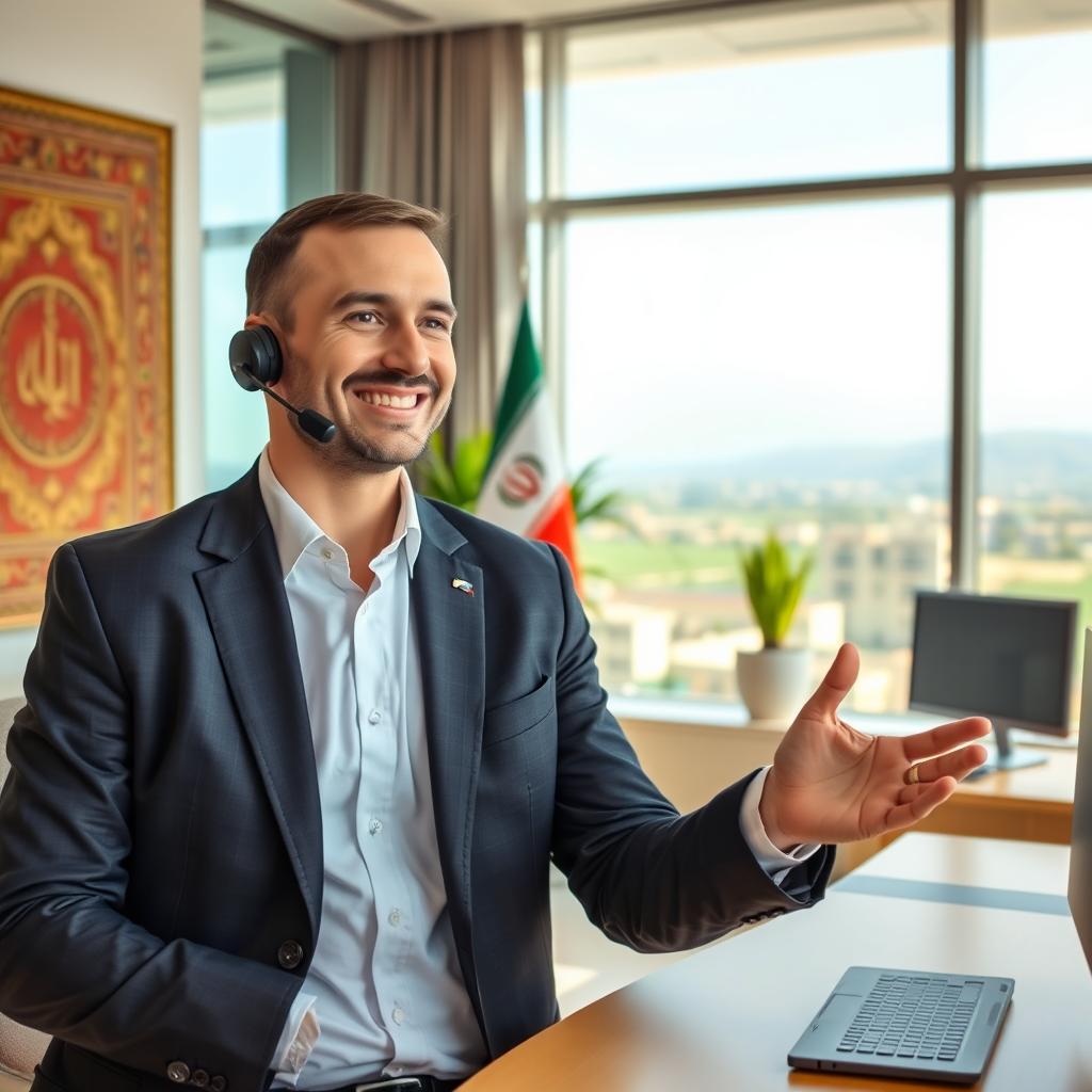 A Russian Customer Service Manager, a man in a smart business outfit, actively engaging in conversation in a modern office in Iran