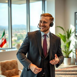 A Russian Customer Service Manager, a man in a smart business outfit, actively engaging in conversation in a modern office in Iran