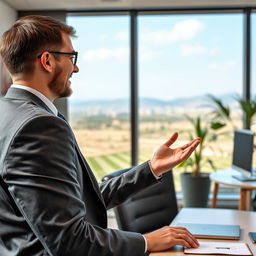 A Russian Customer Service Manager, a man in a smart business outfit, actively engaging in conversation in a modern office in Iran