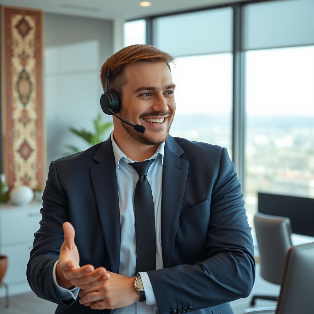 A Russian Customer Service Manager, a man in a smart business outfit, actively engaging in conversation in a modern office in Iran