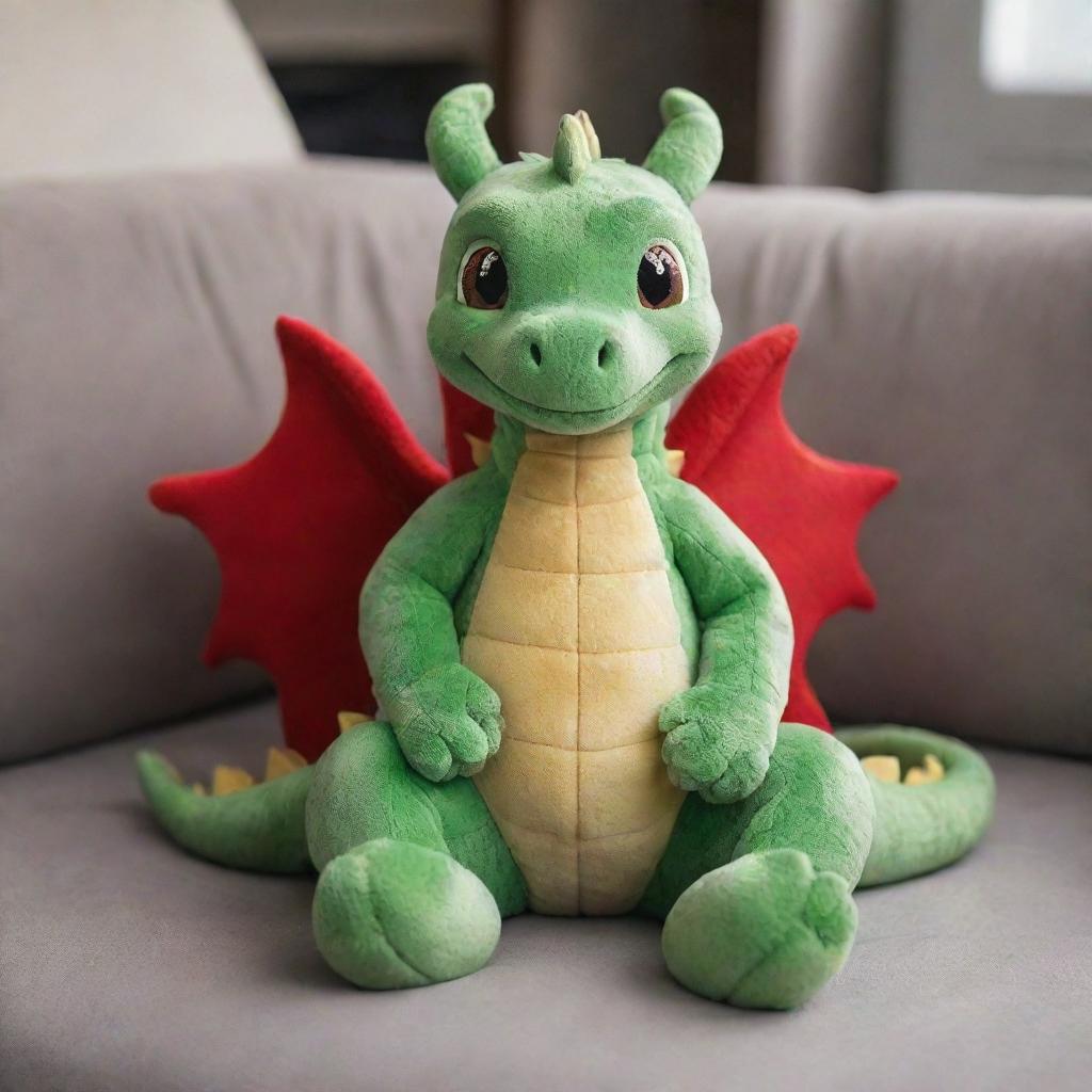 A small, friendly dragon sitting comfortably on a plush couch