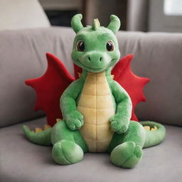 A small, friendly dragon sitting comfortably on a plush couch