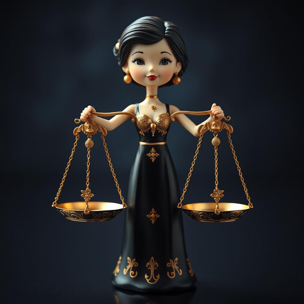 A playful and realistic depiction of the Libra zodiac sign, featuring a charming figure of a lady holding a pair of ornate scales