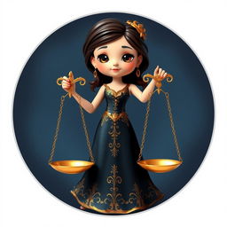 A playful and realistic depiction of the Libra zodiac sign, featuring a charming figure of a lady holding a pair of ornate scales