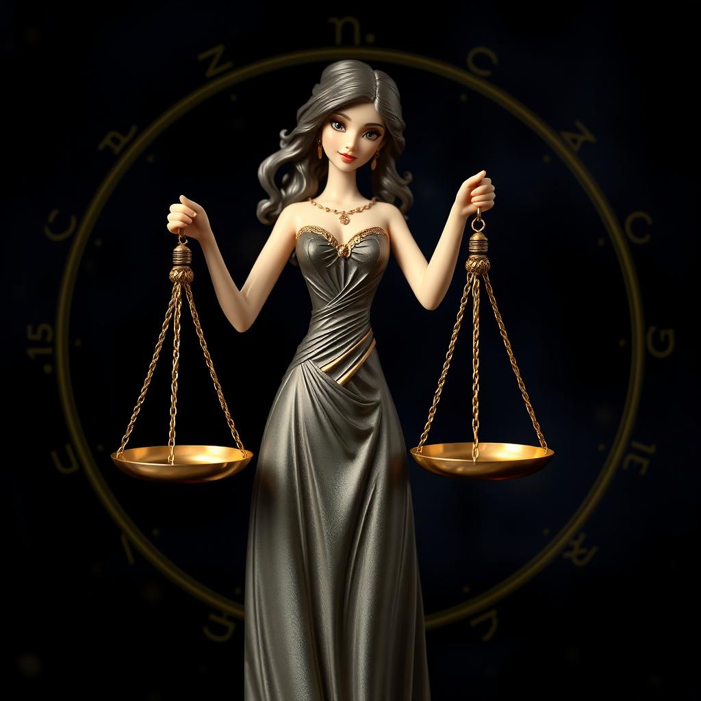 A playful yet realistic depiction of the Libra zodiac sign, featuring a stylish figure of a graceful lady holding a pair of elegant scales