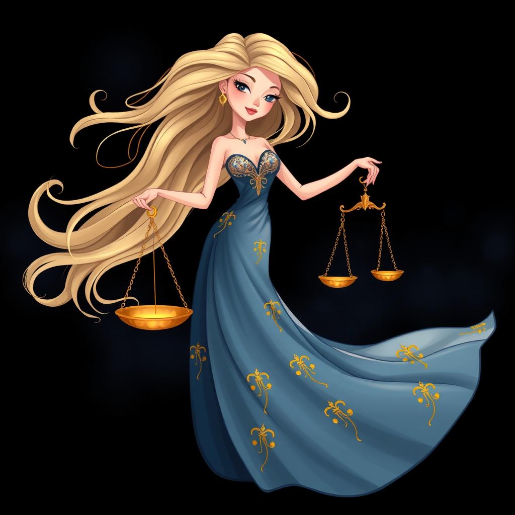 A playful yet realistic illustration of the Libra zodiac sign, featuring a stylish figure of a lady with flowing hair, gracefully holding a beautifully designed set of scales