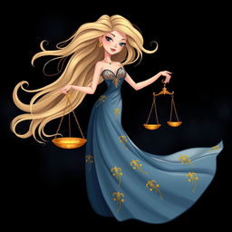 A playful yet realistic illustration of the Libra zodiac sign, featuring a stylish figure of a lady with flowing hair, gracefully holding a beautifully designed set of scales