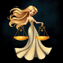 A playful yet realistic illustration of the Libra zodiac sign, featuring a stylish figure of a lady with flowing hair, gracefully holding a beautifully designed set of scales