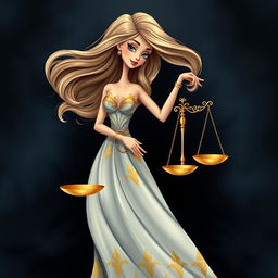 A playful yet realistic illustration of the Libra zodiac sign, featuring a stylish figure of a lady with flowing hair, gracefully holding a beautifully designed set of scales