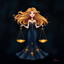 A playful yet realistic illustration of the Libra zodiac sign, featuring a stylish figure of a lady with flowing hair, gracefully holding a beautifully designed set of scales