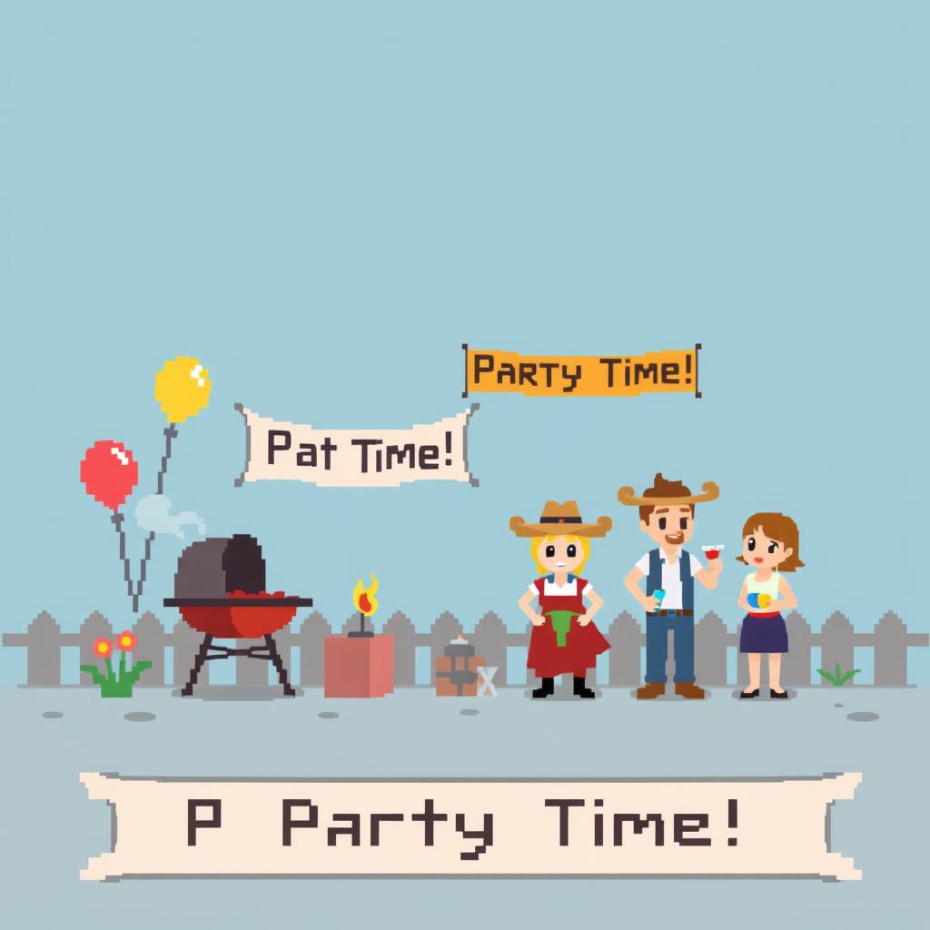 A simple American-style pixel art scene for a video game, size 854x480, depicting a party in the background with minimal detail