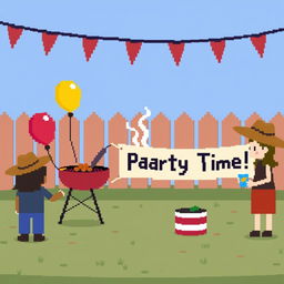 A simple American-style pixel art scene for a video game, size 854x480, depicting a party in the background with minimal detail