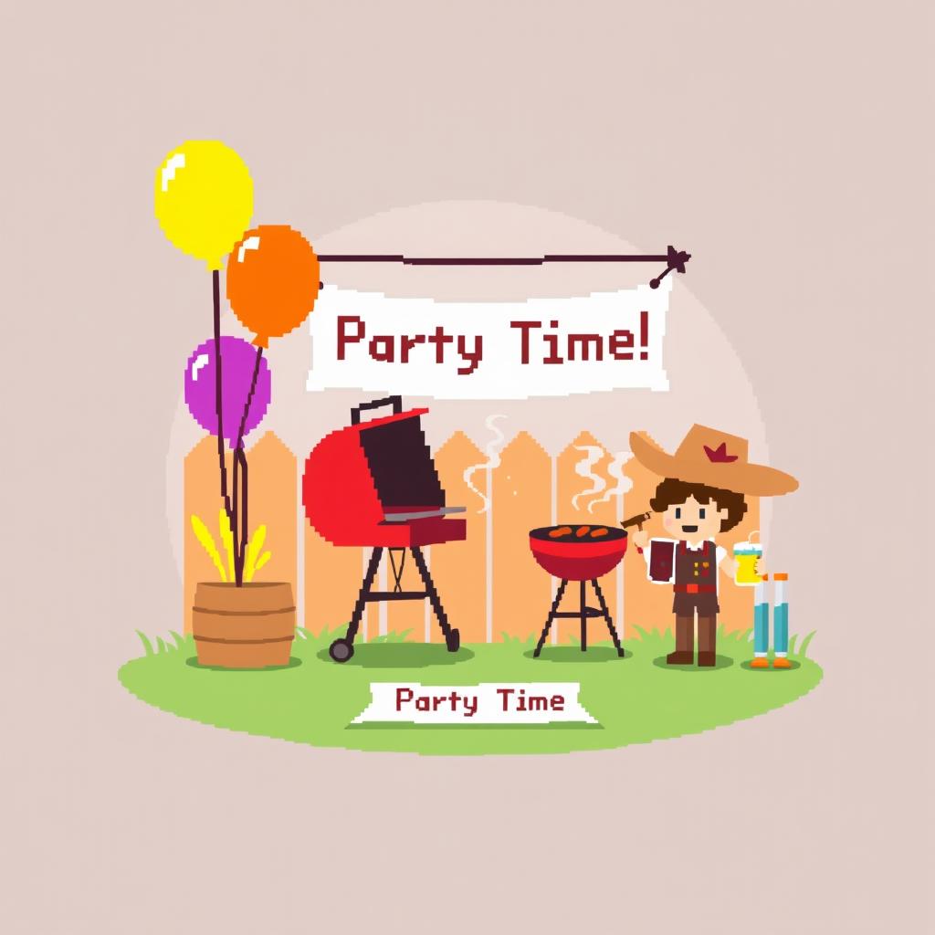 A simple American-style pixel art scene for a video game, size 854x480, depicting a party in the background with minimal detail