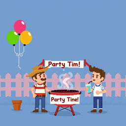 A simple American-style pixel art scene for a video game, size 854x480, depicting a party in the background with minimal detail