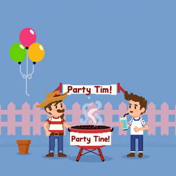 A simple American-style pixel art scene for a video game, size 854x480, depicting a party in the background with minimal detail