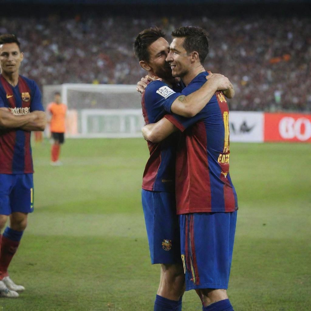 Lionel Messi and Cristiano Ronaldo hugging each other in sports attire on a football field