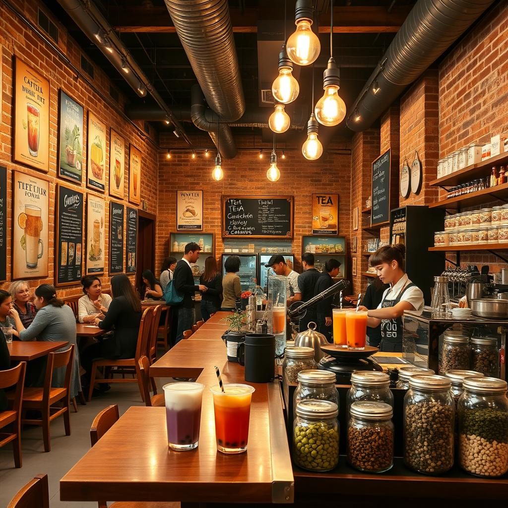 A vintage-style bubble tea shop interior, featuring wooden furniture, exposed brick walls, and retro decor