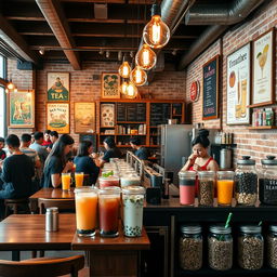 A vintage-style bubble tea shop interior, featuring wooden furniture, exposed brick walls, and retro decor