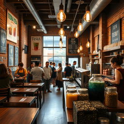 A vintage-style bubble tea shop interior, featuring wooden furniture, exposed brick walls, and retro decor