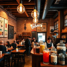 A vintage-style bubble tea shop interior, featuring wooden furniture, exposed brick walls, and retro decor