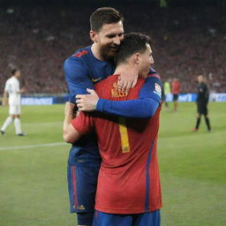 Lionel Messi and Cristiano Ronaldo hugging each other in sports attire on a football field