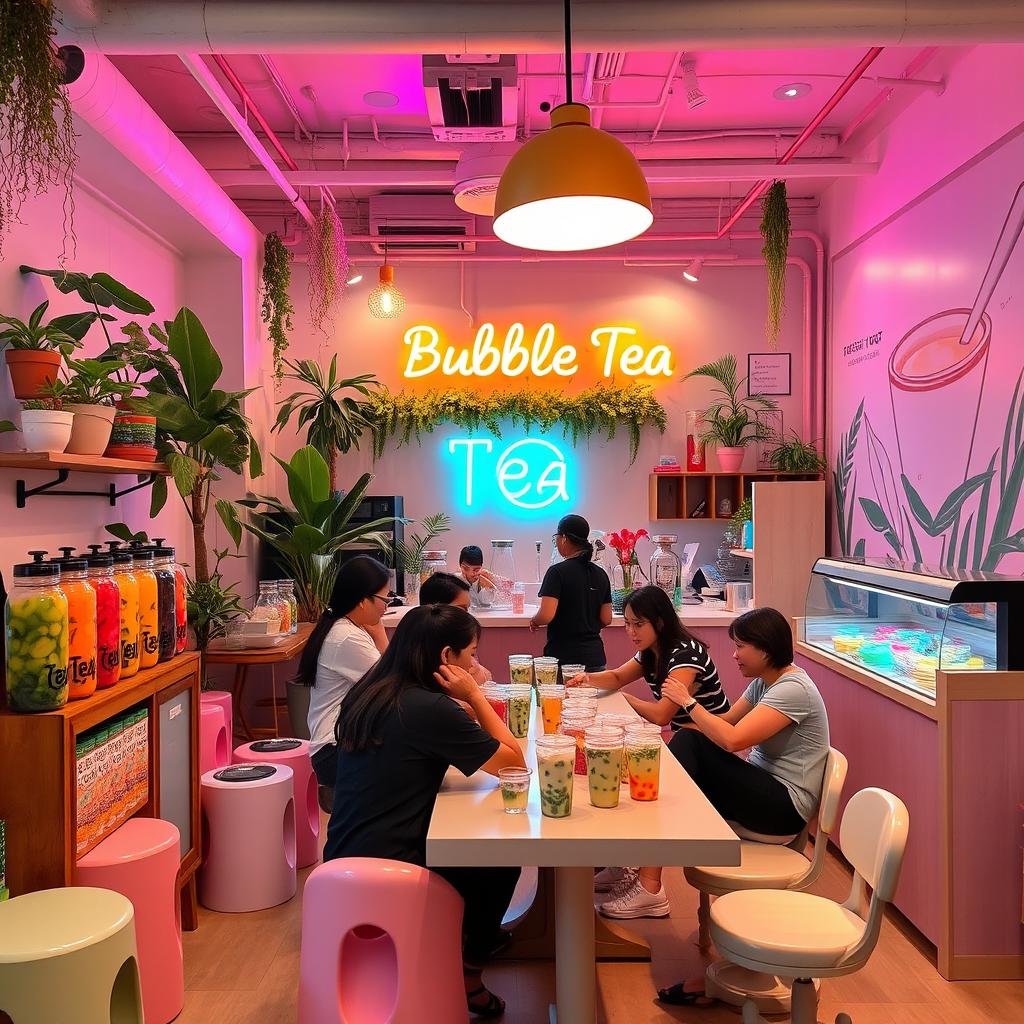 A vibrant bubble tea shop interior, lively atmosphere with colorful decorations, various bubble tea flavors displayed in glass jars, playful furniture with pastel colors, customers enjoying their drinks around a large communal table, casual yet trendy design, neon signage overhead, plants adding a touch of nature, warm lighting creating a welcoming environment, artistic wall mural depicting tea art, and a barista skillfully preparing bubble tea behind the counter