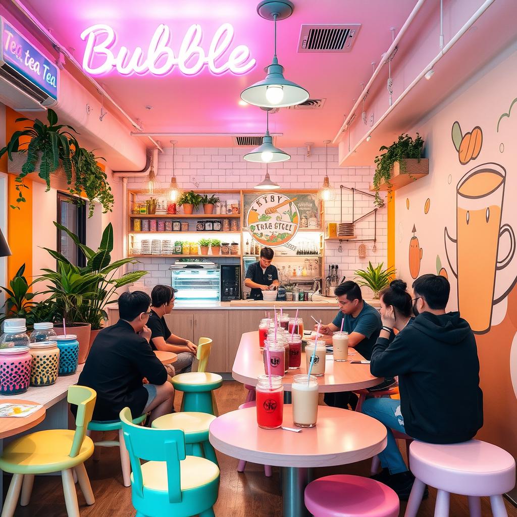 A vibrant bubble tea shop interior, lively atmosphere with colorful decorations, various bubble tea flavors displayed in glass jars, playful furniture with pastel colors, customers enjoying their drinks around a large communal table, casual yet trendy design, neon signage overhead, plants adding a touch of nature, warm lighting creating a welcoming environment, artistic wall mural depicting tea art, and a barista skillfully preparing bubble tea behind the counter