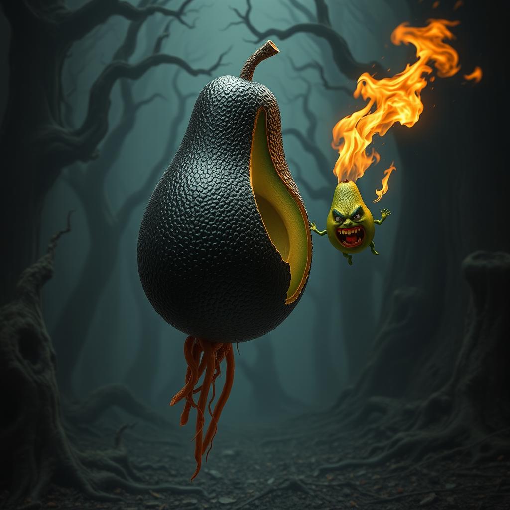 A surreal and striking image of a realistic feminine black avocado floating in the air, with half of its body missing