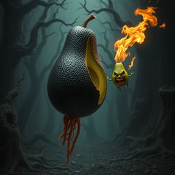 A surreal and striking image of a realistic feminine black avocado floating in the air, with half of its body missing