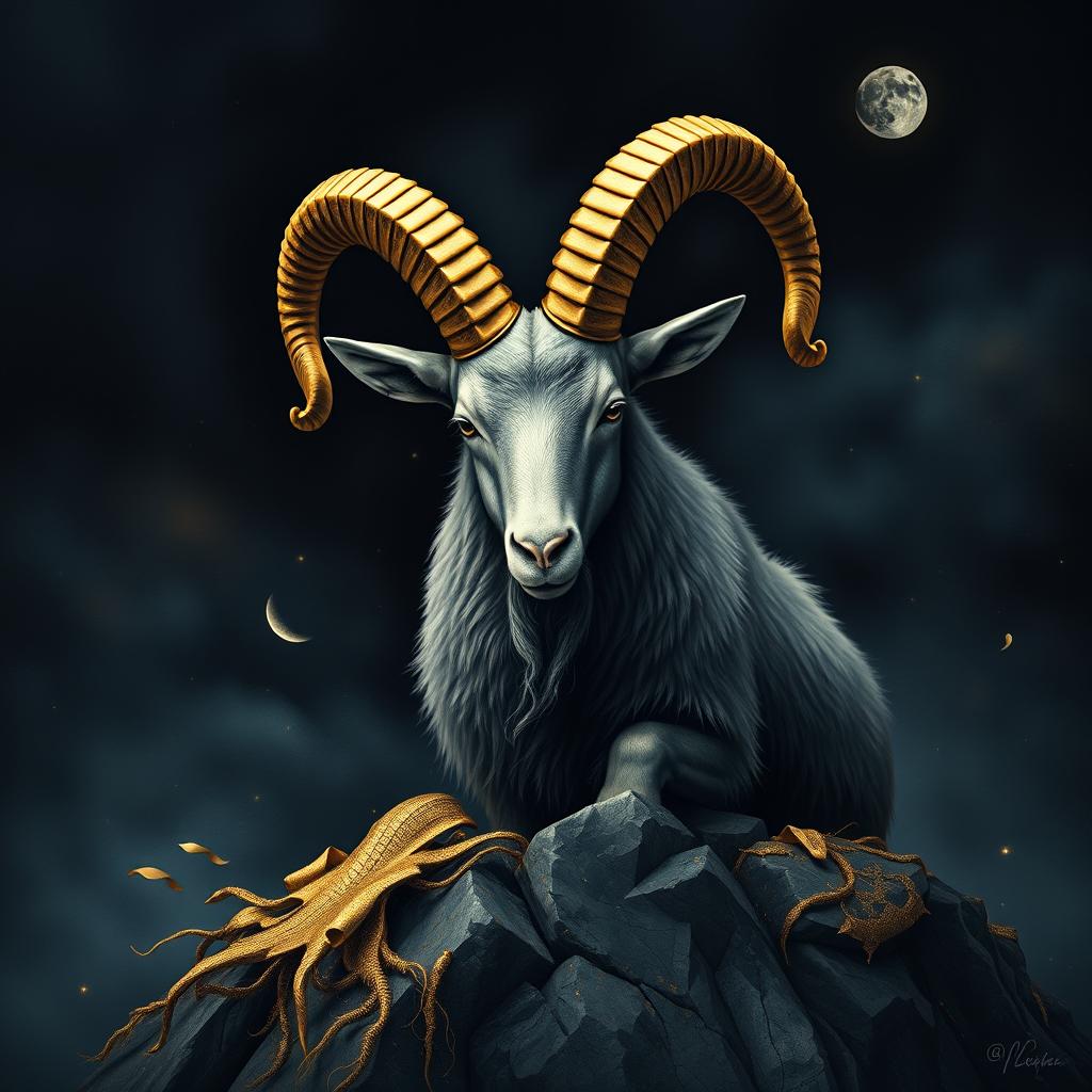 A realistic portrayal of the Capricorn zodiac sign, infused with a playful yet luxurious essence