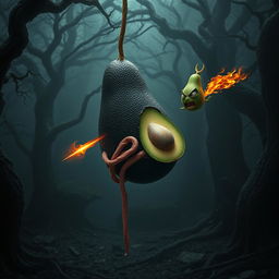 A surreal and striking image of a realistic feminine black avocado floating in the air, with half of its body missing