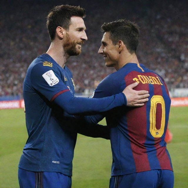 Lionel Messi and Cristiano Ronaldo hugging each other in sports attire on a football field