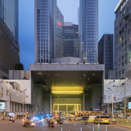 The front entrance of the Police Headquarters during the day, situated prominently in the bustling central business district, displaying rigorous security measures alongside bustling city life.