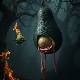 A surreal and striking image of a realistic feminine black avocado floating in the air, with half of its body missing