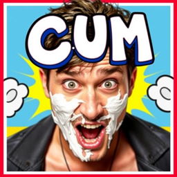 A provocative movie poster featuring an adult male with a humorous expression, prominently displaying a sticky white substance smeared on and around his face