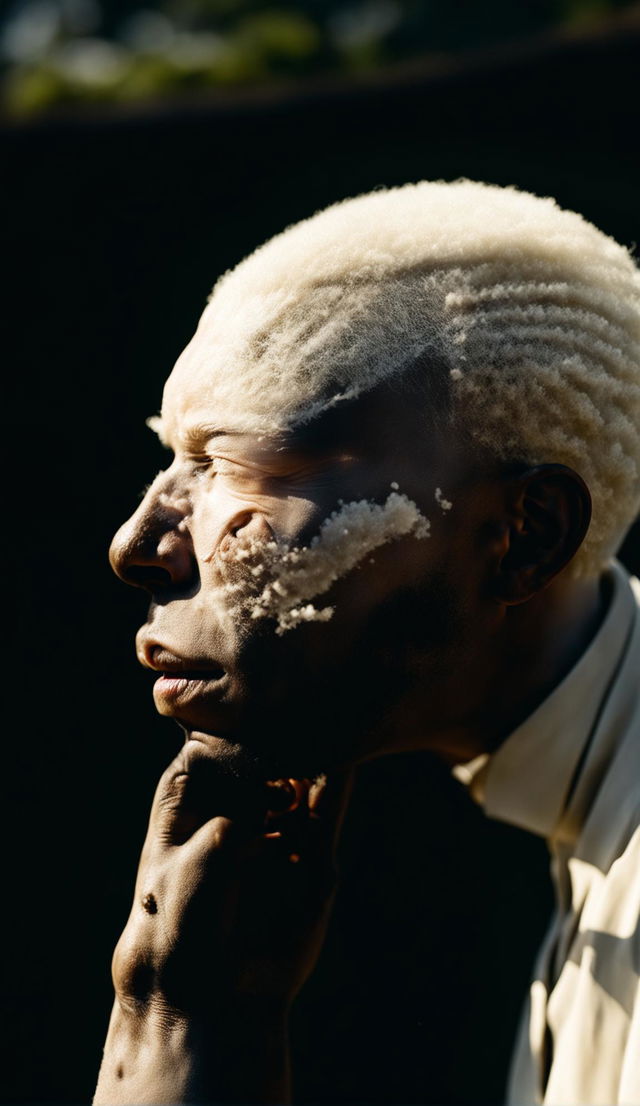 High-resolution candid photograph of an albino black man outdoors, shielding his eyes from the sun, captured in side profile. Detailed depiction of sunlight and dust particles.