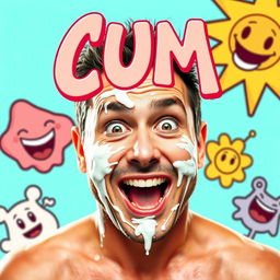 A provocative movie poster featuring an adult male with a humorous expression, prominently displaying a sticky white substance smeared on and around his face