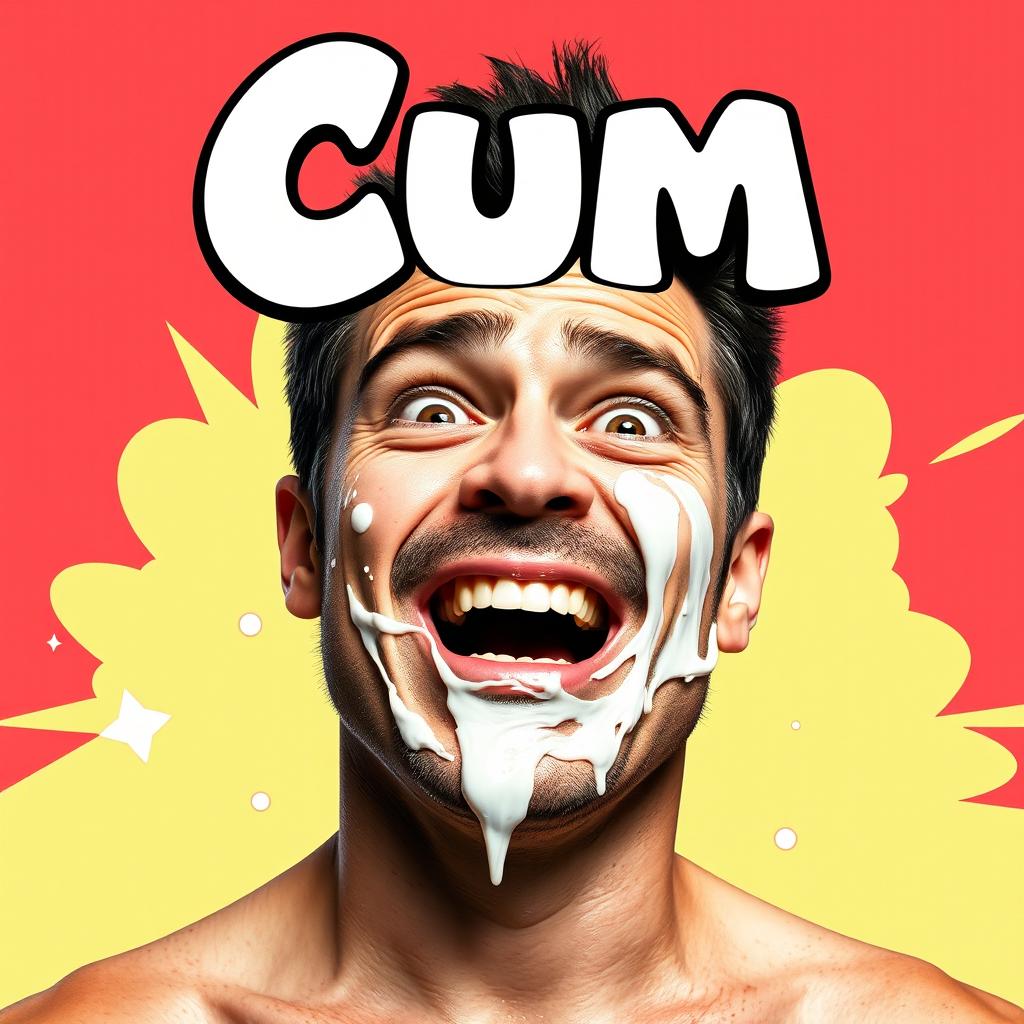 A provocative movie poster featuring an adult male with a humorous expression, prominently displaying a sticky white substance smeared on and around his face