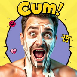 A provocative movie poster featuring an adult male with a humorous expression, prominently displaying a sticky white substance smeared on and around his face