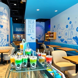 A vibrant bubble tea shop interior, featuring a modern design with blue and white color schemes