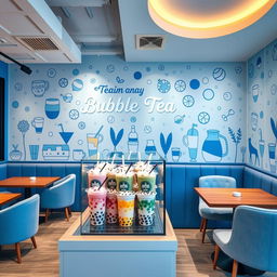 A vibrant bubble tea shop interior, featuring a modern design with blue and white color schemes