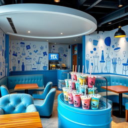 A vibrant bubble tea shop interior, featuring a modern design with blue and white color schemes