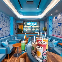 A vibrant bubble tea shop interior, featuring a modern design with blue and white color schemes