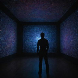 A man standing in a dark room illuminated by laser lights creating intricate patterns across the space.